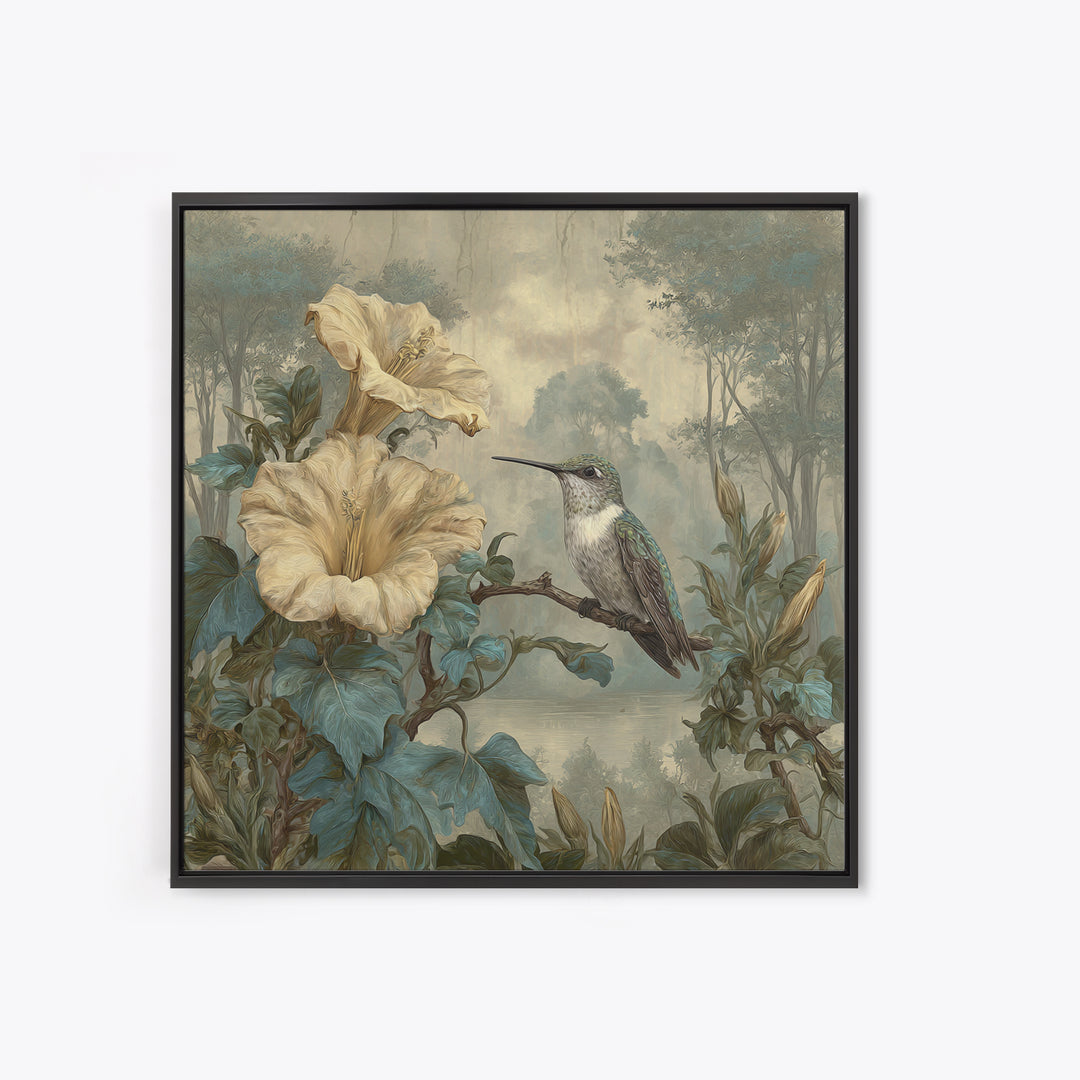 Hummingbird Beside Bright Trumpet Flowers Framed Canvas Print, Nature Art, Ocean Art, Living Room Decor, Fine Art, Nature, NAT-1x1-84