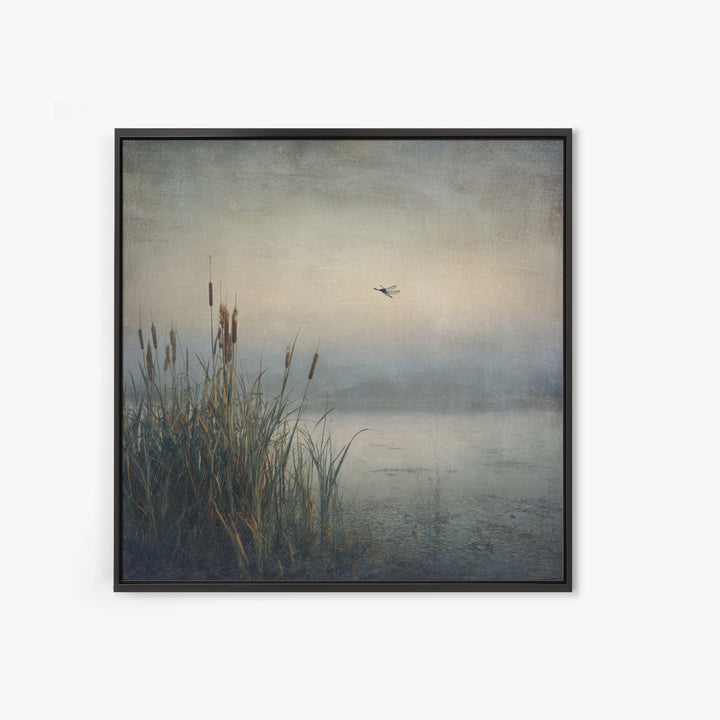 Dragonfly over a Pond with Reeds Canvas Print, Nature Art, Nature Wall Art, Living Room Decor, Fine Art, Nature, NAT-1x1-90