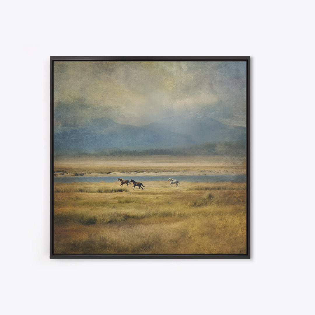Wild Horses Running Near Mountain Ridge Canvas Print, Nature Art, Landscape Print, Living Room Decor, Fine Art, Nature, NAT-1x1-94