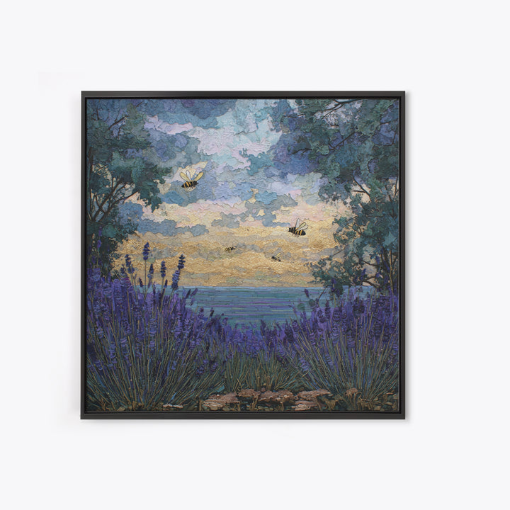 Bees Circling Lavender Blossoms Canvas Print, Nature Art, Neutral Decor, Living Room Decor, Fine Art, Nature, Wall Art, NAT-1x1-95