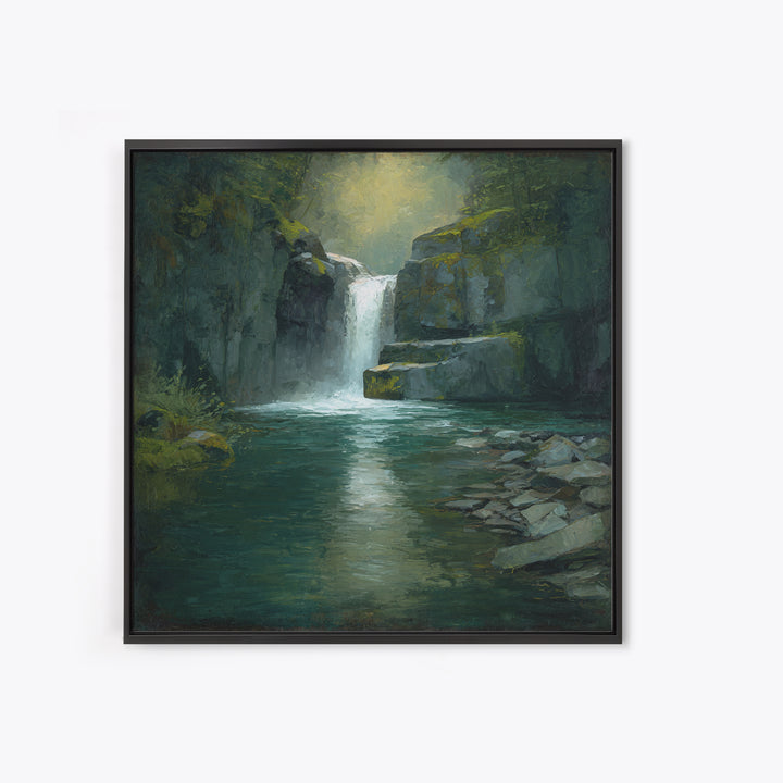 Waterfall Hidden Among Dark Green Rocks Canvas Print, Nature Art, Wall Art, Living Room Decor, Fine Art, Nature, Wood Wall Art, NAT-1x1-99