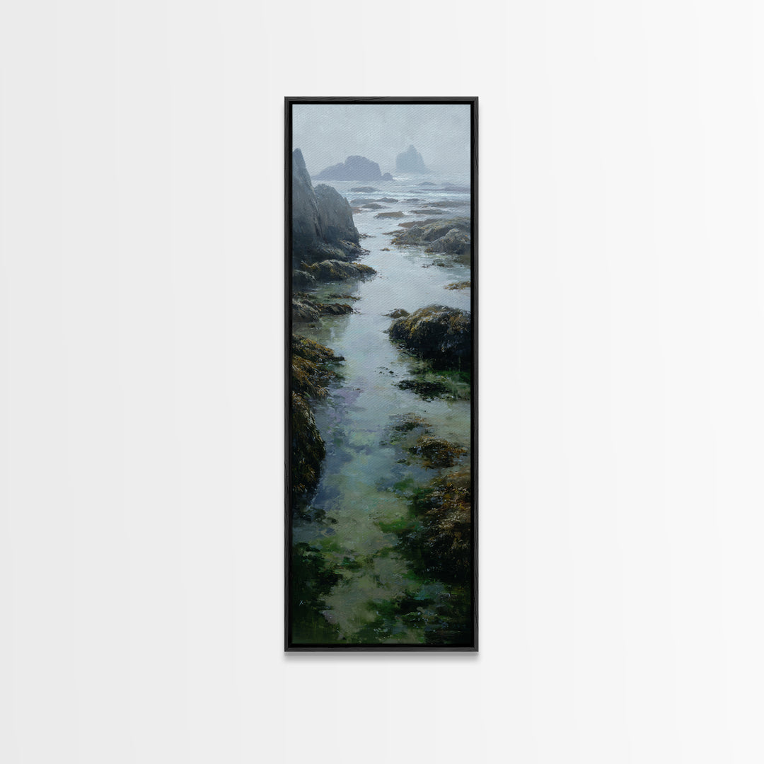 Calm Beach Tide Pooling Around Rocks Canvas Print, Nature Art, Boho Decor, Living Room Decor, Oil Painting, Nature, Wall Decor, NAT-1x3-12