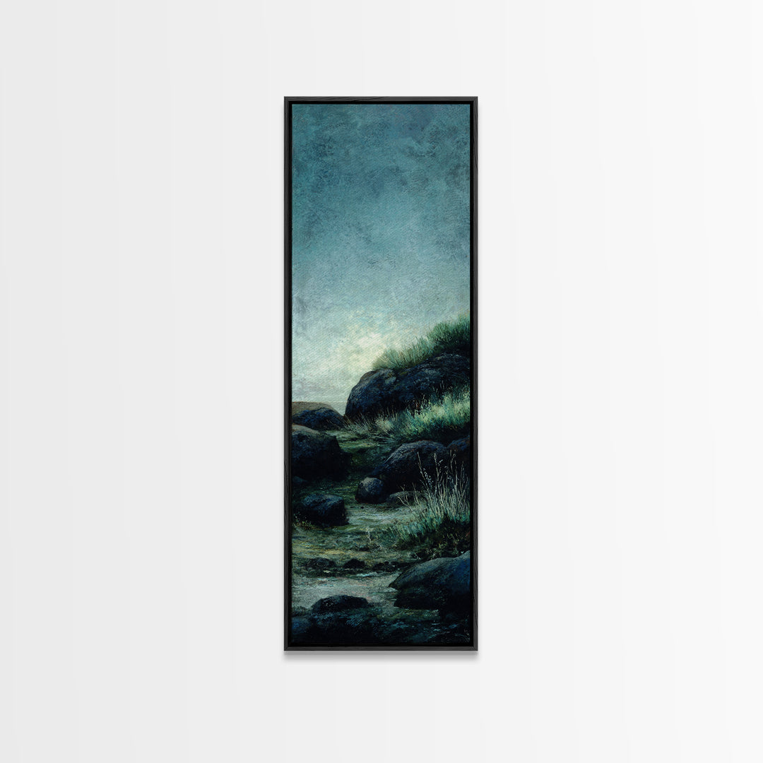 Waterfall Hidden Among Dark Green Rocks Framed Canvas Print, Nature Art, Home Decor, Living Room Decor, Abstract Art, Nature, NAT-1x3-15