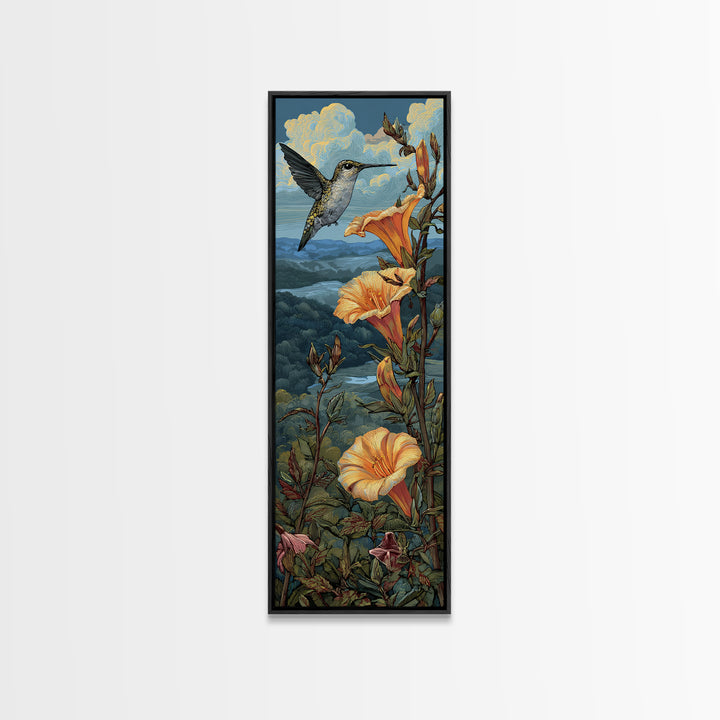 Hummingbird Beside Bright Trumpet Flowers Framed Canvas Print, Nature Art, Art Print, Living Room Decor, Oil Painting, Nature, NAT-1x3-24