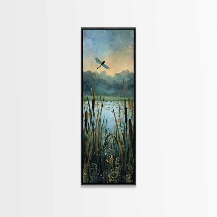 Dragonfly over a Pond with Reeds Framed Canvas Print, Nature Art, Botanical Art, Living Room Decor, Oil Painting, Nature, NAT-1x3-30
