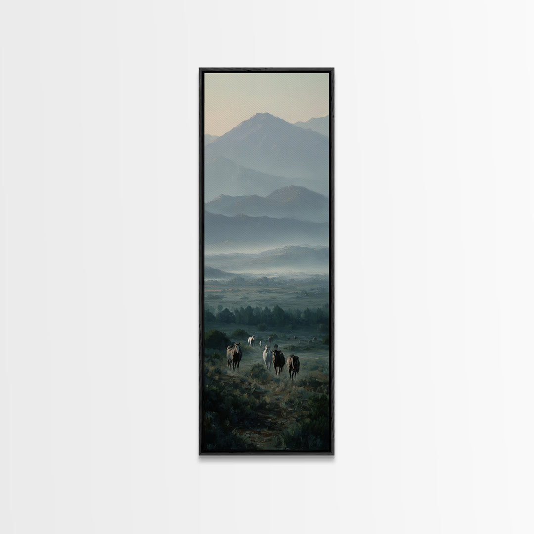 Wild Horses Running Near Mountain Ridge Framed Canvas Print, Nature Art, Digital Download Art, Living Room Decor, NAT-1x3-34