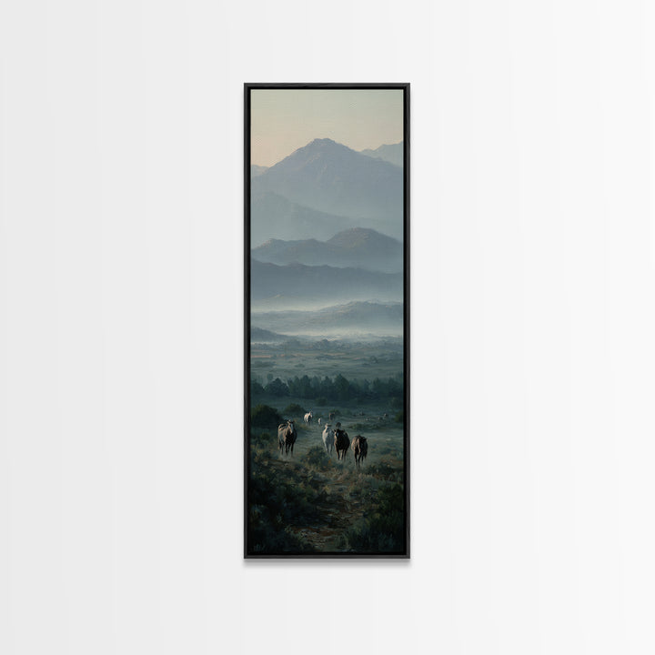Wild Horses Running Near Mountain Ridge Framed Canvas Print, Nature Art, Digital Download Art, Living Room Decor, NAT-1x3-34