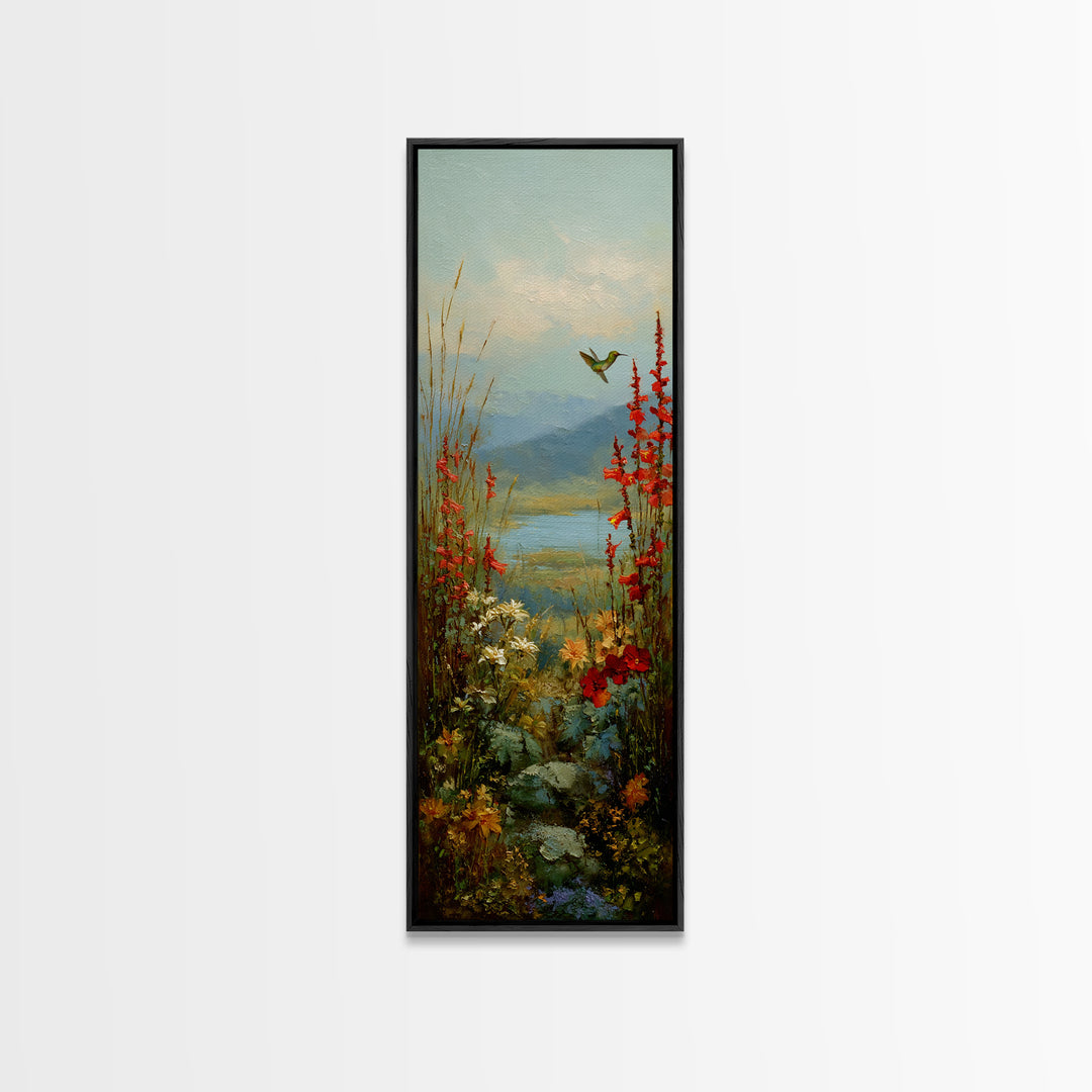 Hummingbird Beside Bright Trumpet Flowers Canvas Print, Nature Art, Wall Art, Living Room Decor, Watercolor Art, Nature, NAT-1x3-48