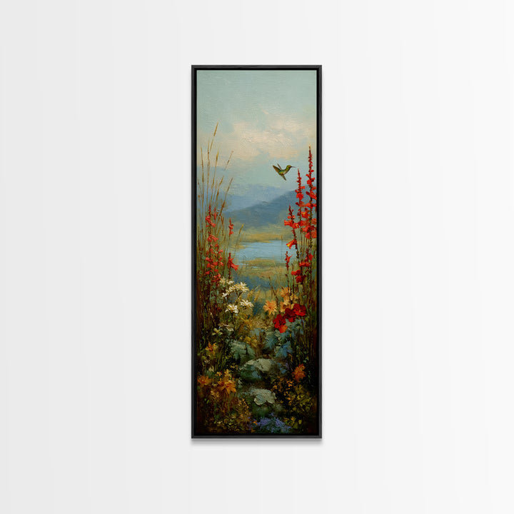 Hummingbird Beside Bright Trumpet Flowers Canvas Print, Nature Art, Wall Art, Living Room Decor, Watercolor Art, Nature, NAT-1x3-48
