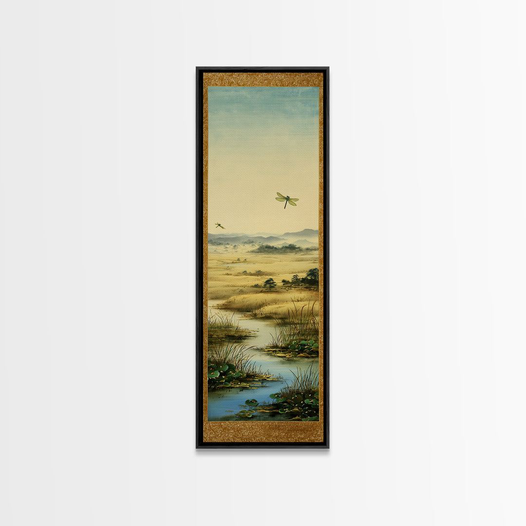 Dragonfly over a Pond with Reeds Framed Canvas Print, Nature Art, Botanical Art, Living Room Decor, Oil Painting, Nature, NAT-1x3-54