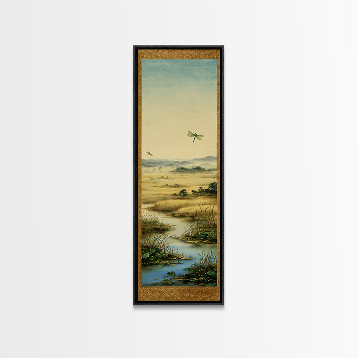 Dragonfly over a Pond with Reeds Framed Canvas Print, Nature Art, Botanical Art, Living Room Decor, Oil Painting, Nature, NAT-1x3-54