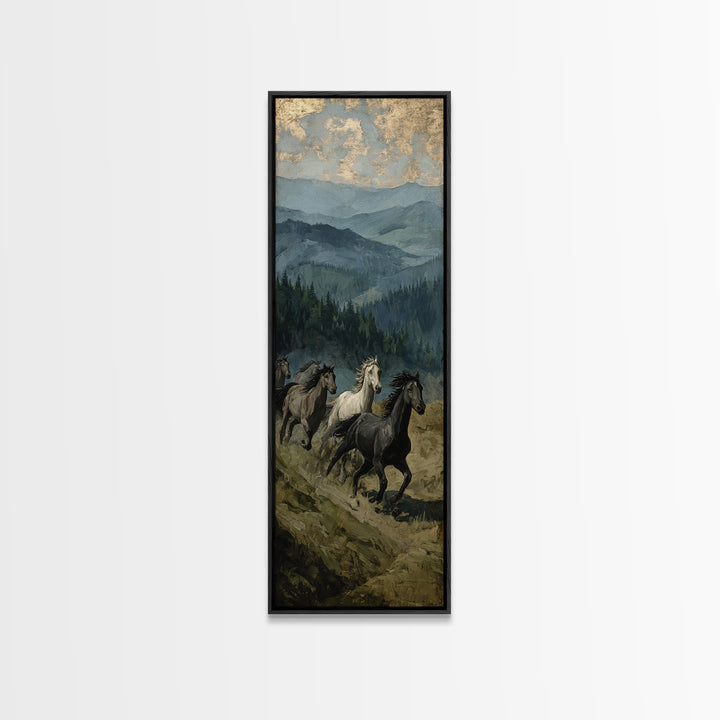 Wild Horses Running Near Mountain Ridge Framed Canvas Print, Nature Art, Digital Download Art, Living Room Decor, NAT-1x3-58