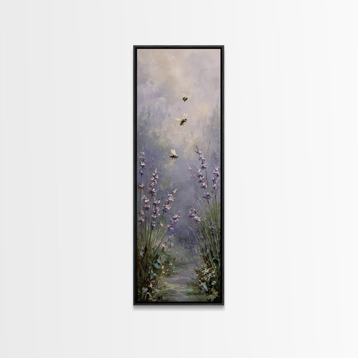 Bees Circling Lavender Blossoms Canvas Print, Nature Art, Framed Art, Living Room Decor, Fine Art, Nature, Botanical Art, NAT-1x3-59
