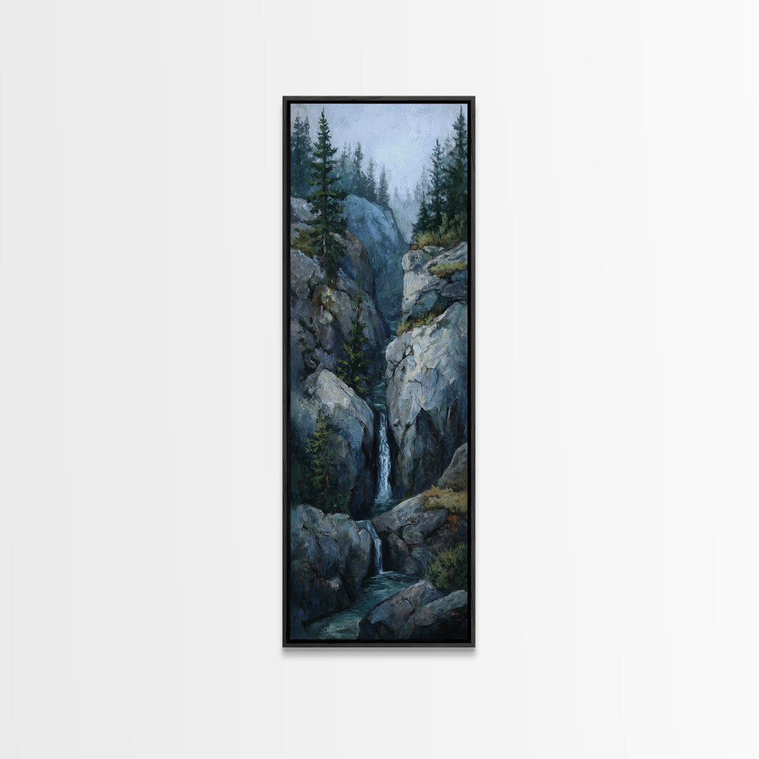 Waterfall Hidden Among Dark Green Rocks Framed Canvas Print, Nature Art, Botanical Art, Living Room Decor, Fine Art, Nature, NAT-1x3-87