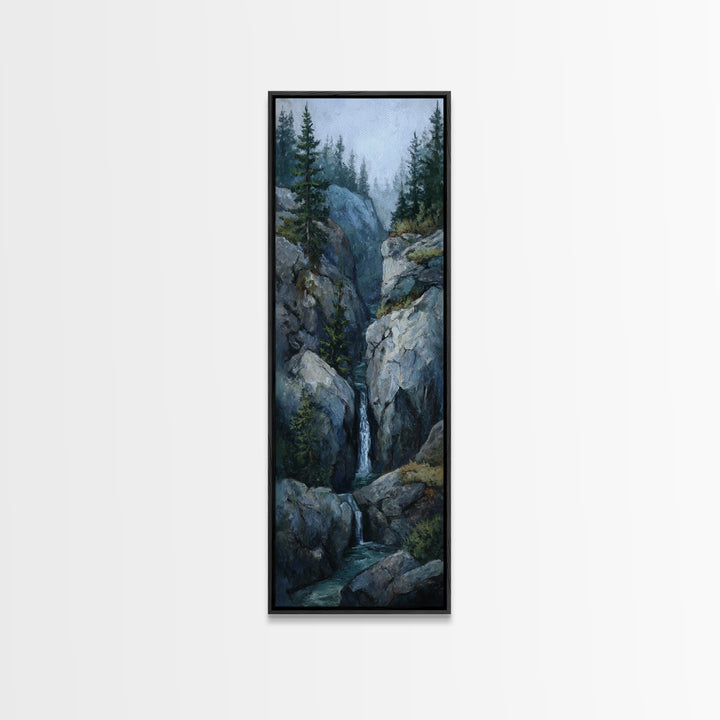 Waterfall Hidden Among Dark Green Rocks Framed Canvas Print, Nature Art, Botanical Art, Living Room Decor, Fine Art, Nature, NAT-1x3-87