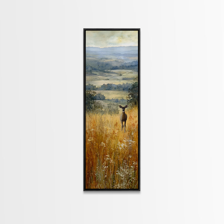 Deer Standing in a Golden Field Framed Canvas Print, Nature Art, Watercolor Painting, Living Room Decor, Fine Art, Nature, NAT-1x3-92