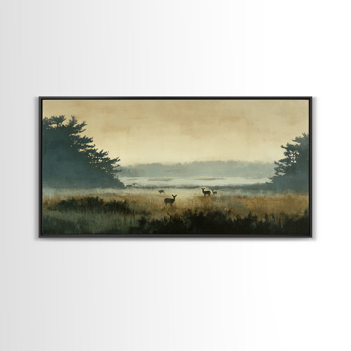 Deer Standing in a Golden Field Framed Canvas Print, Nature Art, Mountain Wall Art, Living Room Decor, Fine Art, Nature, NAT-2x1-100
