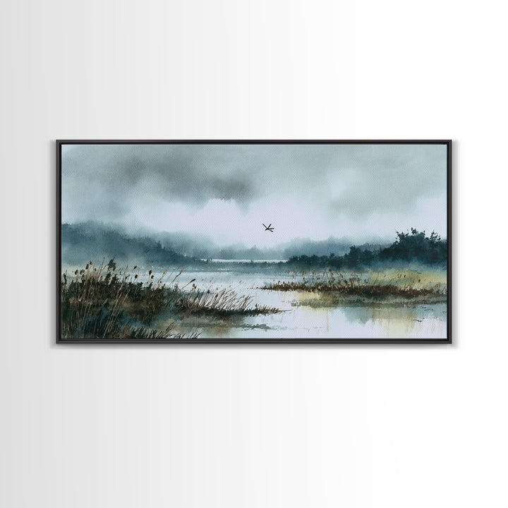 Dragonfly over a Pond with Reeds Framed Canvas Print, Nature Art, Fine Art Print, Living Room Decor, Watercolor Art, Nature, NAT-2x1-14