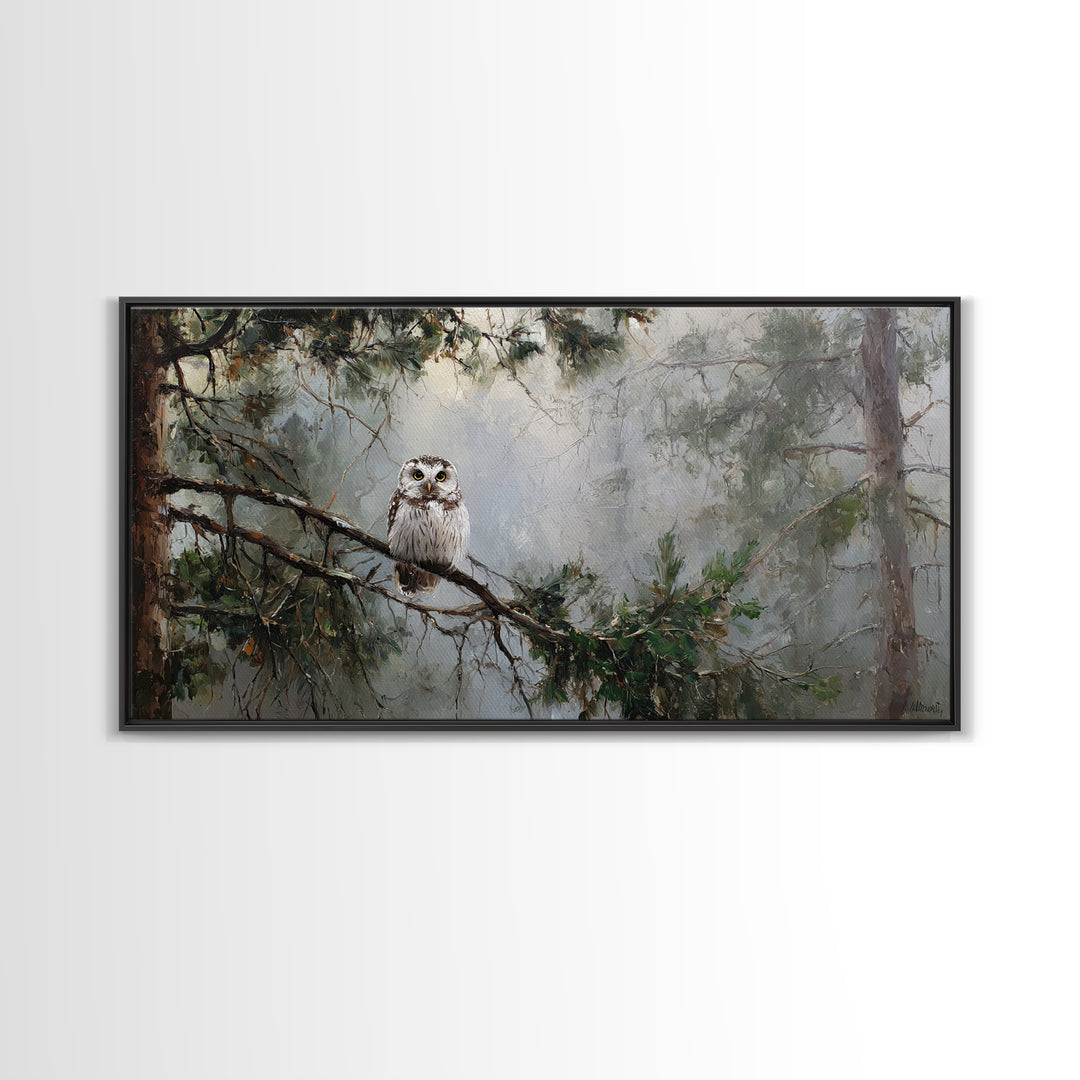 Owl in Moonlit Branches Framed Canvas Print, Nature Art, Minimalist Decor, Living Room Decor, Fine Art, Nature, Artwork, NAT-2x1-15