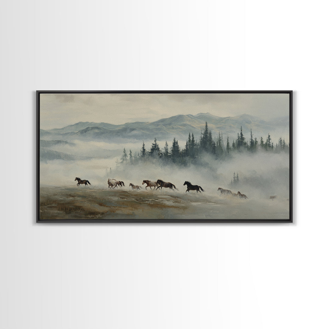 Wild Horses Running Near Mountain Ridge Framed Canvas Print, Nature Art, Statement Artwork, Living Room Decor, Fine Art, Nature, NAT-2x1-18