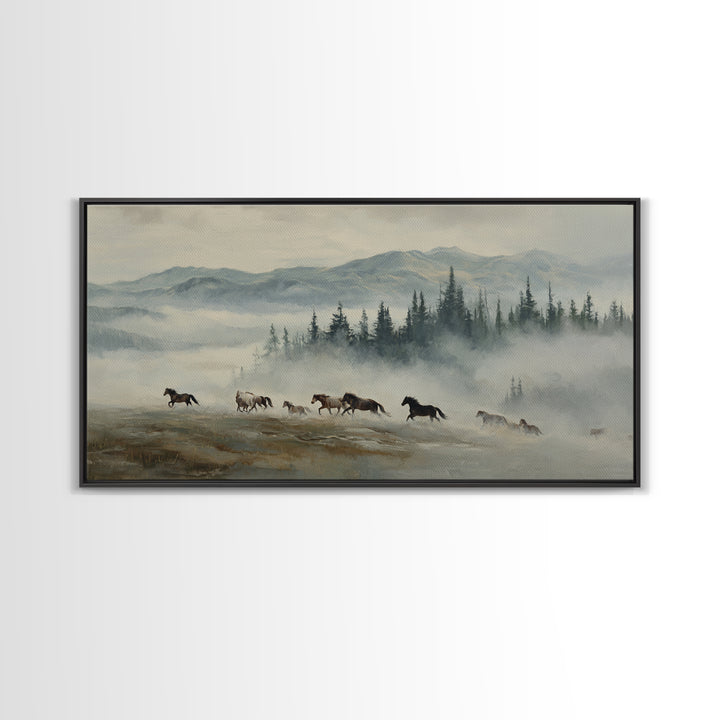 Wild Horses Running Near Mountain Ridge Framed Canvas Print, Nature Art, Statement Artwork, Living Room Decor, Fine Art, Nature, NAT-2x1-18