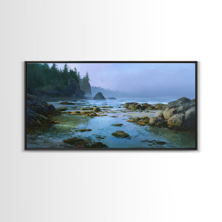Calm Beach Tide Pooling Around Rocks Framed Canvas Print, Nature Art, Statement Artwork, Living Room Decor, Fine Art, Nature, NAT-2x1-20