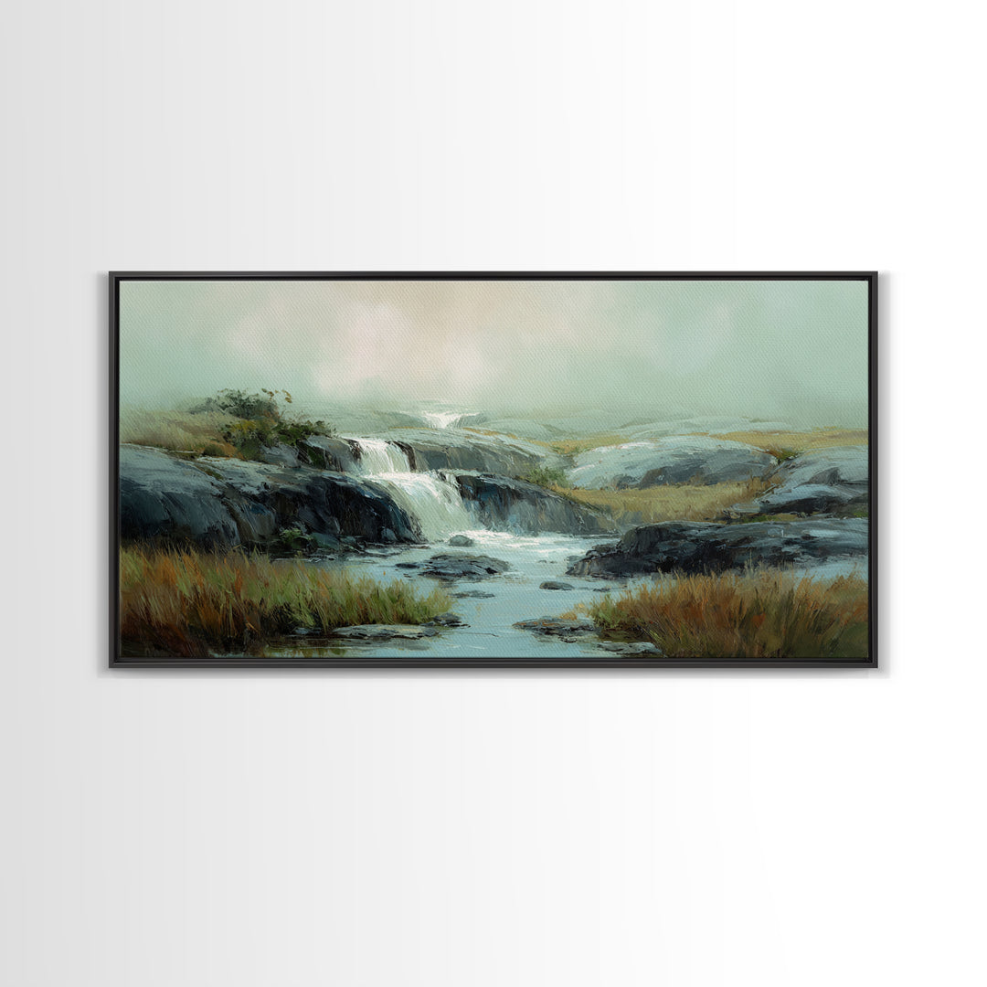 Waterfall Hidden Among Dark Green Rocks Framed Canvas Print, Nature Art, Mushroom, Living Room Decor, Watercolor Art, Nature, NAT-2x1-23