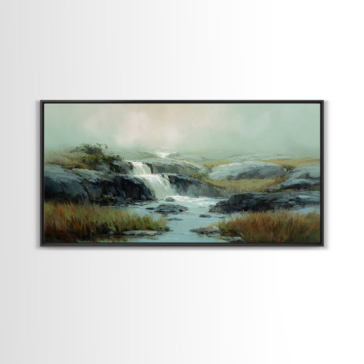 Waterfall Hidden Among Dark Green Rocks Framed Canvas Print, Nature Art, Mushroom, Living Room Decor, Watercolor Art, Nature, NAT-2x1-23