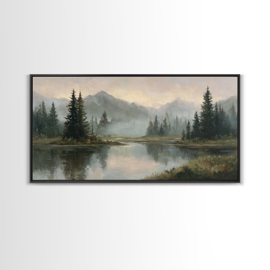 Misty Mountain Lake Framed Canvas Print, Nature Art, Home Decor, Living Room Decor, Oil Painting, Nature, Abstract Wall Art, NAT-2x1-25