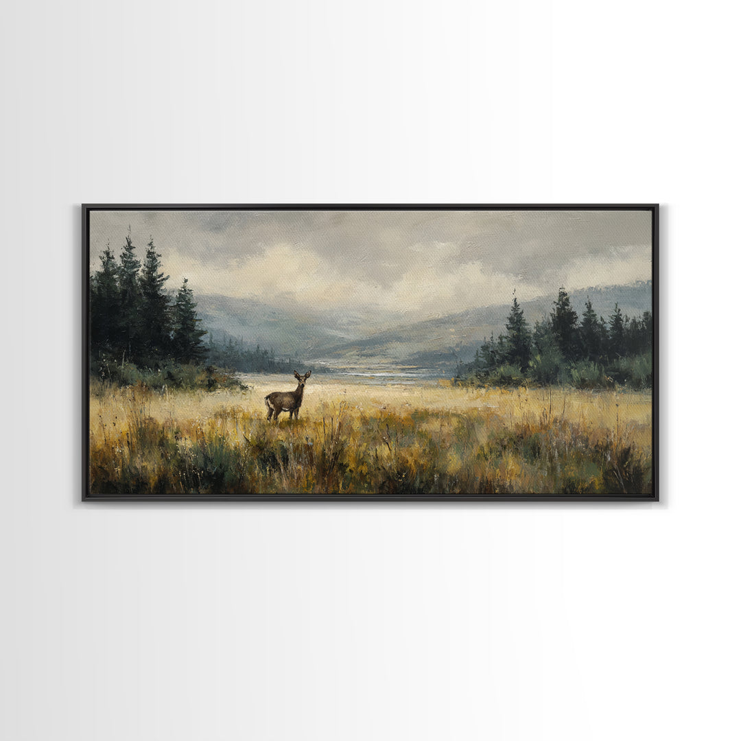 Deer Standing in a Golden Field Framed Canvas Print, Nature Art, Minimalist Decor, Living Room Decor, Fine Art, Nature, NAT-2x1-28