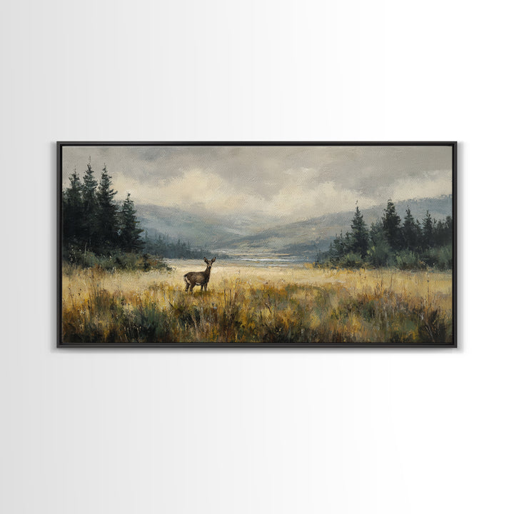 Deer Standing in a Golden Field Framed Canvas Print, Nature Art, Minimalist Decor, Living Room Decor, Fine Art, Nature, NAT-2x1-28