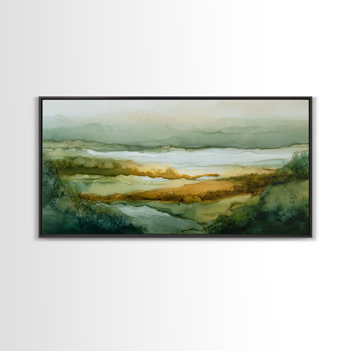 Rain Drops on a Large Green Leaf Framed Canvas Print, Nature Art, Living Room Decor, Watercolor Art, Nature, Abstract Wall Art, NAT-2x1-29
