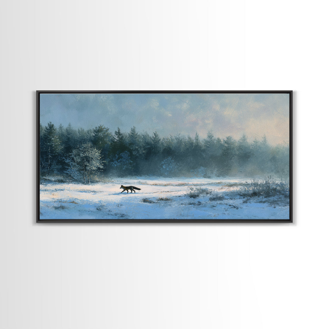 Fox Crossing a Snowy Forest Clearing Framed Canvas Print, Nature Art, Luxury Decor, Living Room Decor, Oil Painting, Nature, NAT-2x1-30