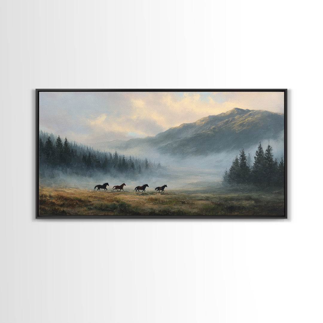Wild Horses Running Near Mountain Ridge Framed Canvas Print, Nature Art, Statement Artwork, Living Room Decor, Fine Art, Nature, NAT-2x1-42