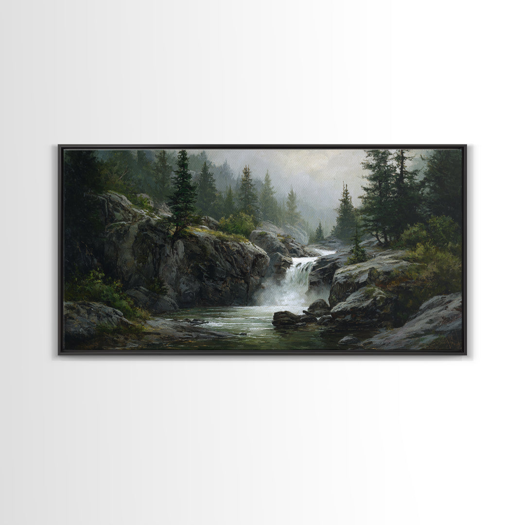 Waterfall Hidden Among Dark Green Rocks Canvas Print, Nature Art, Framed Art, Living Room Decor, Oil Painting, Nature, NAT-2x1-47