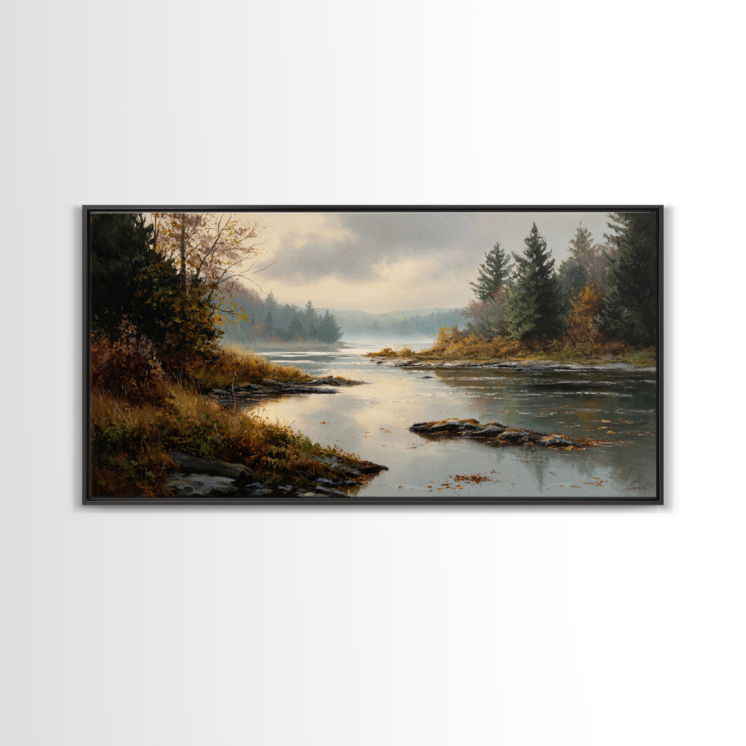Autumn Leaves Floating on Quiet Stream Framed Canvas Print, Nature Art, Minimalist Decor, Living Room Decor, Fine Art, Nature, NAT-2x1-50