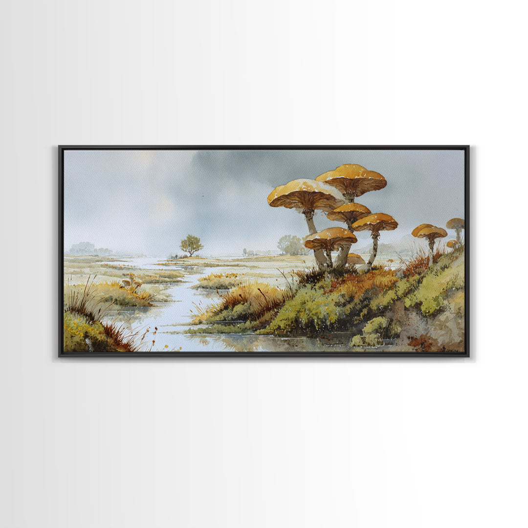 Mushroom Cluster in Enchanted Woodland Framed Canvas Print, Nature Art, Wood Wall Art, Living Room Decor, Watercolor Art, NAT-2x1-51