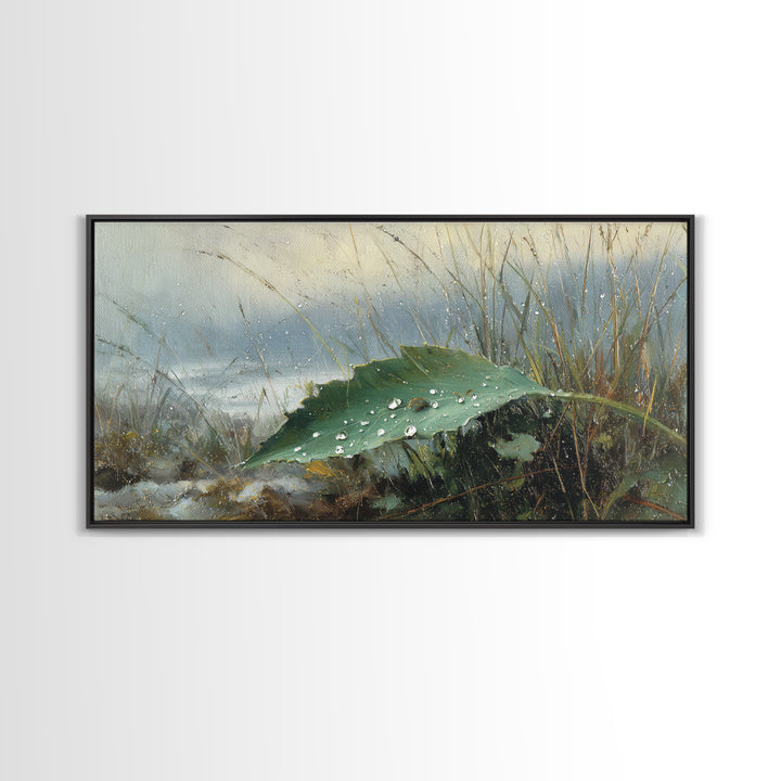 Rain Drops on a Large Green Leaf Canvas Print, Nature Art, Wall Hangings, Living Room Decor, Watercolor Art, Nature, NAT-2x1-53