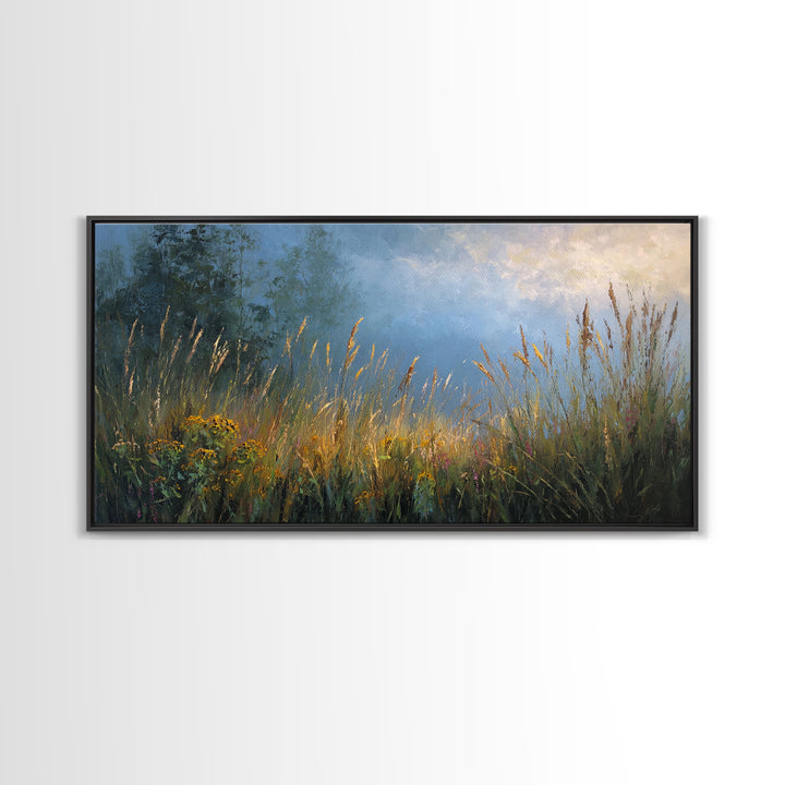 Sunrise Through Tall Grass and Wildflowers Framed Canvas Print, Nature Art, Living Room Decor, Fine Art, Nature, Ocean Art, NAT-2x1-55