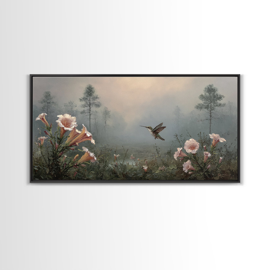 Hummingbird Beside Bright Trumpet Flowers Framed Canvas Print, Nature Art, Painting, Living Room Decor, Fine Art, Nature, NAT-2x1-56