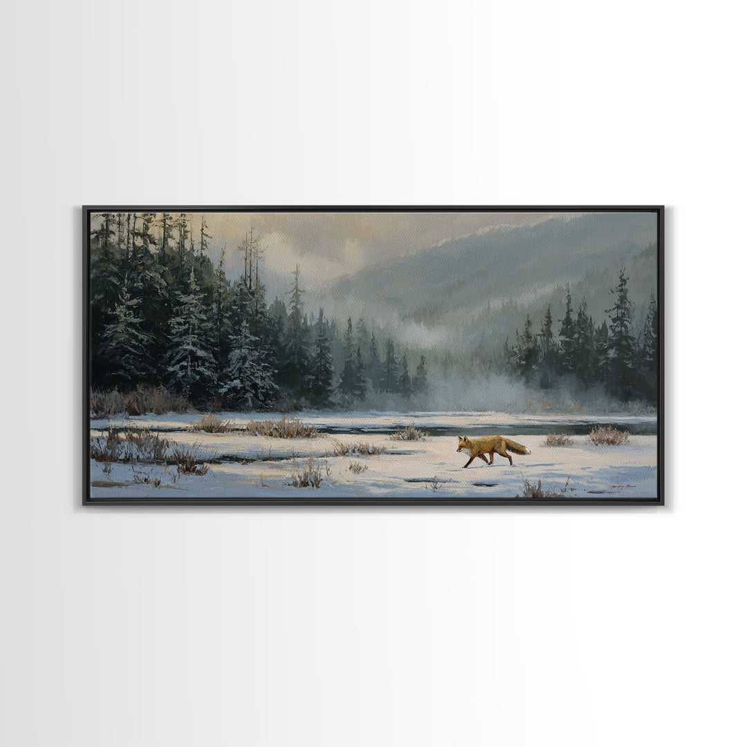 Fox Crossing a Snowy Forest Clearing Framed Canvas Print, Nature Art, Luxury Decor, Living Room Decor, Oil Painting, Nature, NAT-2x1-6