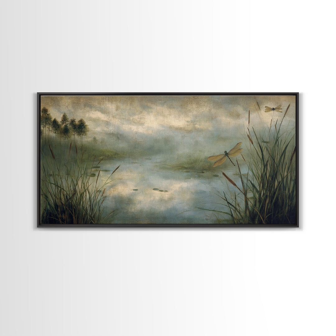Dragonfly over a Pond with Reeds Canvas Print, Nature Art, Room Decor, Living Room Decor, Oil Painting, Nature, Wall Hangings, NAT-2x1-62