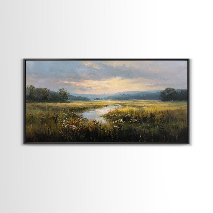 Sunrise Through Tall Grass and Wildflowers Framed Canvas Print, Nature Art, Poster, Living Room Decor, Watercolor Art, Nature, NAT-2x1-7