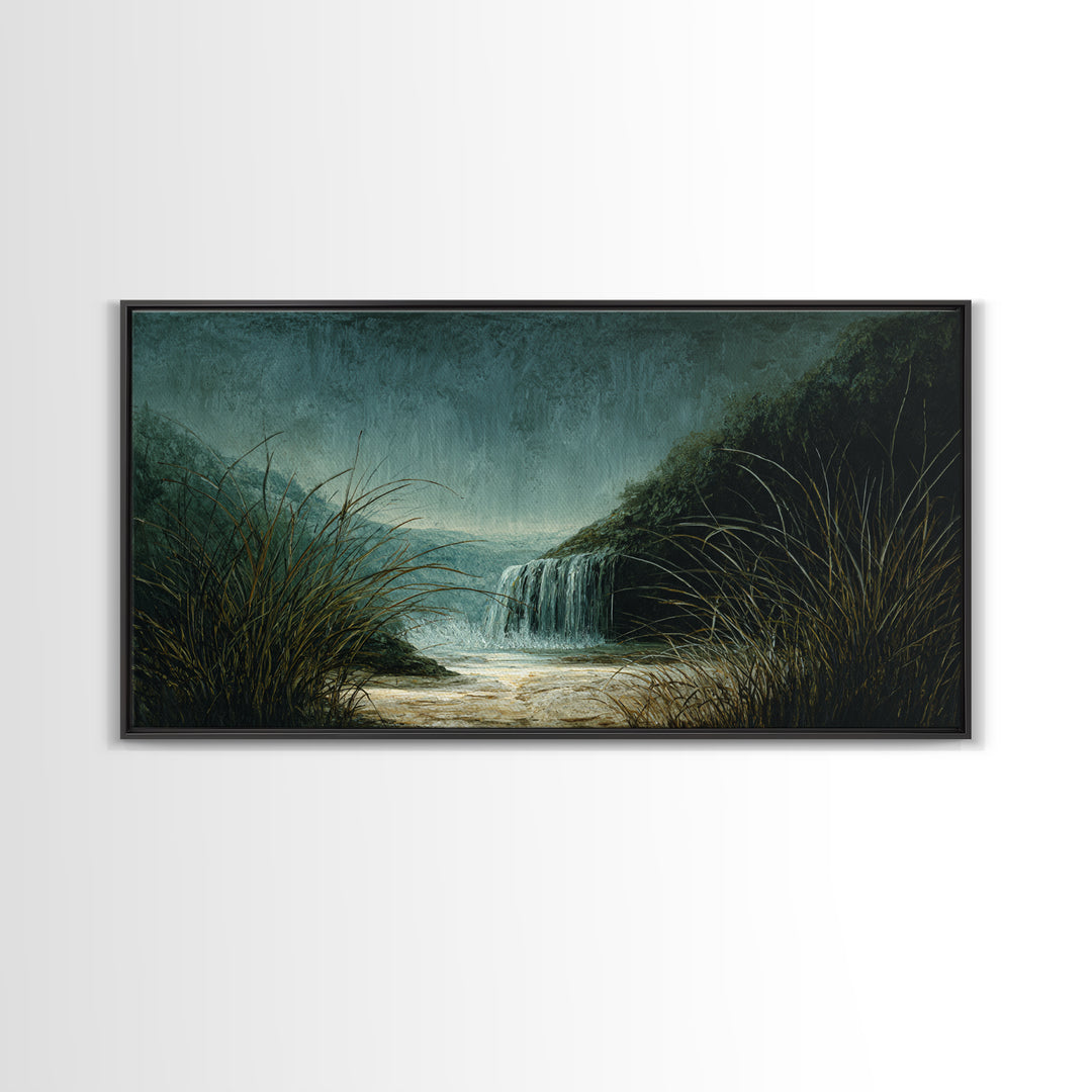 Waterfall Hidden Among Dark Green Rocks Canvas Print, Nature Art, Landscape Art, Living Room Decor, Abstract Art, Nature, NAT-2x1-71