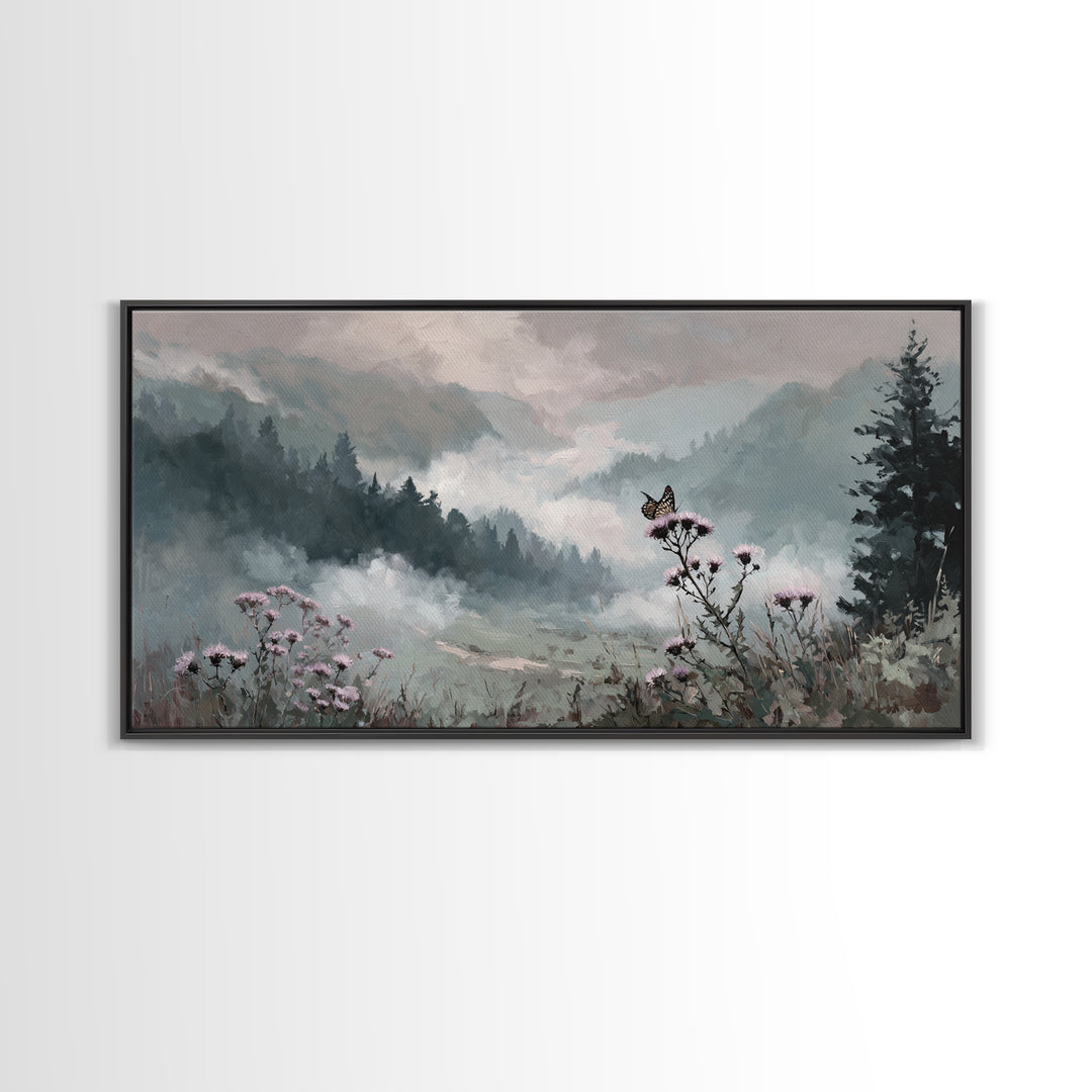 Butterfly Resting on a Blooming Thistle Framed Canvas Print, Nature Art, Original Painting, Living Room Decor, Fine Art, Nature, NAT-2x1-72