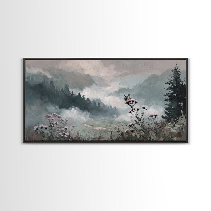 Butterfly Resting on a Blooming Thistle Framed Canvas Print, Nature Art, Original Painting, Living Room Decor, Fine Art, Nature, NAT-2x1-72