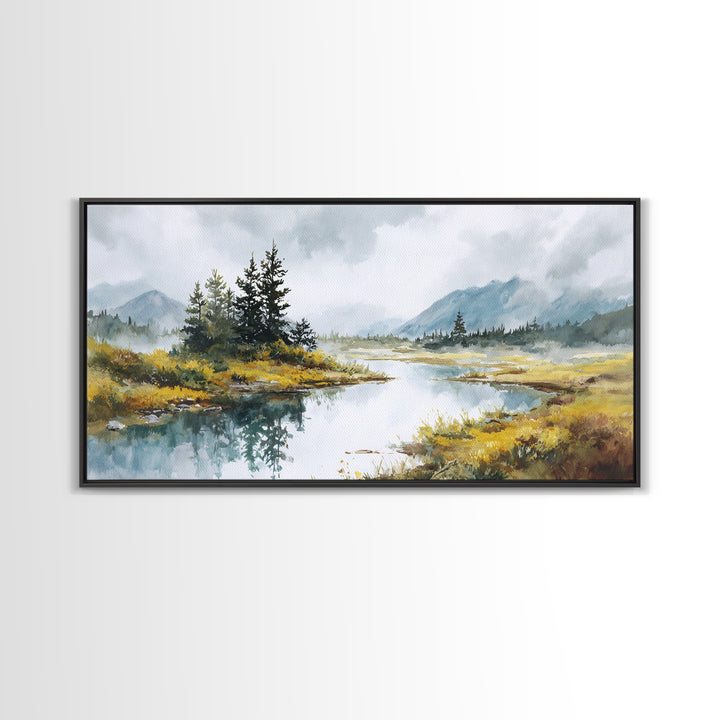 Misty Mountain Lake Canvas Print, Nature Art, Printable Wall Art, Living Room Decor, Fine Art, Nature, Living Room Wall Art, NAT-2x1-73