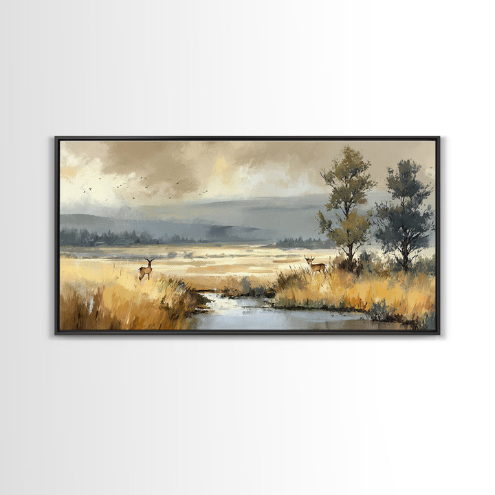 Deer Standing in a Golden Field Canvas Print, Nature Art, 3d Wall Art, Living Room Decor, Fine Art, Nature, Nature Wall Art, NAT-2x1-76