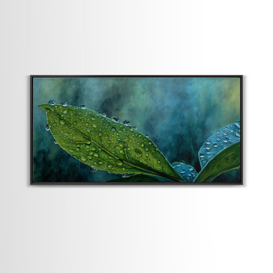Rain Drops on a Large Green Leaf Canvas Print, Nature Art, Wall Hangings, Living Room Decor, Watercolor Art, Nature, NAT-2x1-77