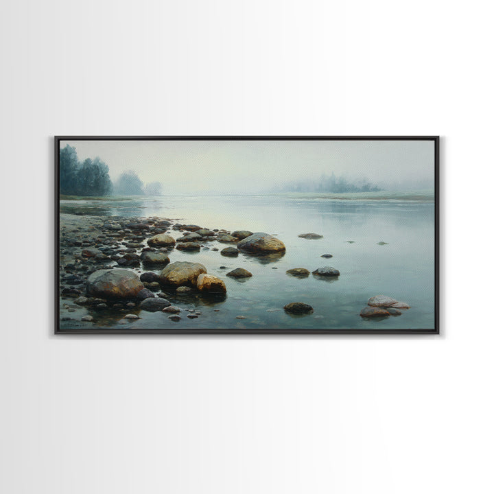 River Stones under Clear Shallow Water Framed Canvas Print, Nature Art, Living Room Decor, Watercolor Art, Nature, NAT-2x1-81